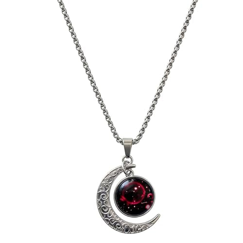 Stainless Steel Mens Necklace 12 Zodiac Moon Galaxy Pendant Necklace,22.8 Inch Stainless Steel Chain, 1.13 Inch Aries/Pisces Celestial Crescent Moon Star Sign Charm Jewelry - style: Scorpio（10.24-11.22）