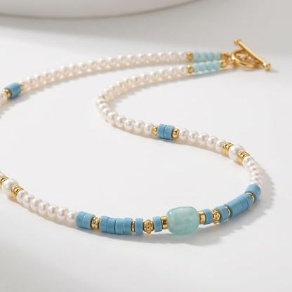 Pearl Necklace for Women Paperclip Chain Chunky Gold Necklace, Freshwater Cultured Pearls Trendy Link Chain 18K Gold Plated Dainty Pearl Choker - color: Pearl&Blue Stone