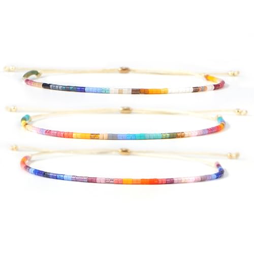 Seed Beaded String Rope Adjustable Bracelets Set for Women Men, Small Colorful Boho Rice 3Pcs Stack Handmade Thin Jewelry, Daily Beach Vacation Friendship Gift - color: Blue Colorful B