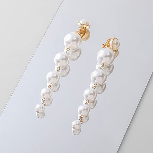 Gold Metal Clip On Earrings for Women Non Pierced Dangle Drop Earrings Multiple Styles - color: gold long pearl