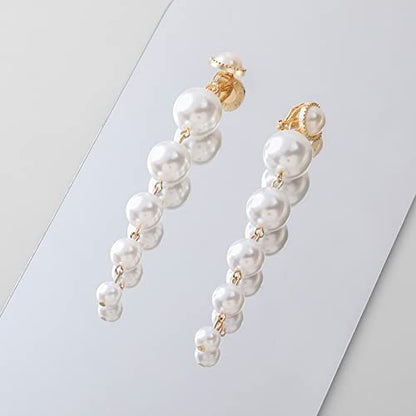 Gold Metal Clip On Earrings for Women Non Pierced Dangle Drop Earrings Multiple Styles - color: gold long pearl
