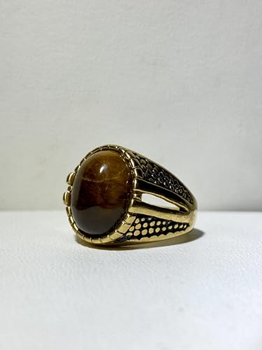 Men’s Gold Tiger Eye Ring – 14K Finish Stainless Steel Oval Gem Punk Biker Pinky Band, Vintage Retro Heavy Signet Jewelry