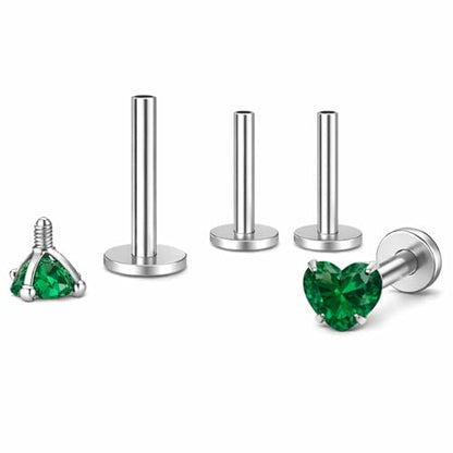 Titanium Heart CZ Labret Stud Earrings for Piercings by Ginger Lyne 6Pc Set G23 Screw Front Flat Back Body Jewelry 2 pair post 6mm, 8mm Cartilage, Helix, Tragus, Lip, Conch, Lobe - color: 3mm-DkGreen