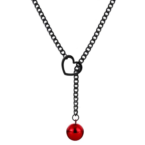 Slip Chain Choker for Women Handmade Black Stainless Steel Cuban Chain Chunky Moon Bat Raven Skull Pendant Gothic Punk Rock Collar Adjustable Lariat Y Necklace for Men - style: Red bell