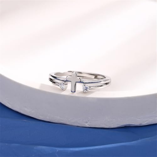 Hebelee Cubic Zirconia Cross Ring for Women Silver Plated Clear CZ Layered Adjustable Stackable Wrap Finger Rings Comfort Fit Minimalist Faith Engagement Jewelry