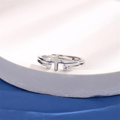 Hebelee Cubic Zirconia Cross Ring for Women Silver Plated Clear CZ Layered Adjustable Stackable Wrap Finger Rings Comfort Fit Minimalist Faith Engagement Jewelry