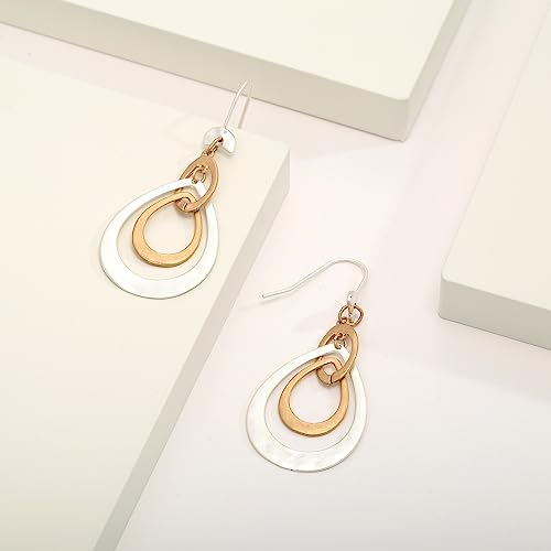 Antique Gold Hammered Disc Drop Earrings Boho Earrings with Two Tone Jewelry Gift - color: AMZ-EH21321A-L