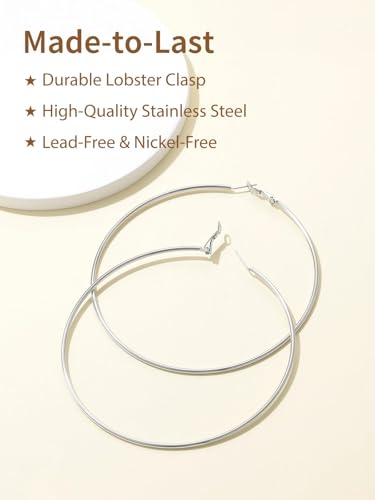 FindChic Thin Hoop Earrings for Women,Silver/Black/Gold Plated 20-100mm - color: Silver, size: 100mm