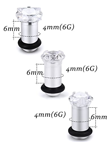 8G 6G 4G 2G 0G 1/2 inch Stainless Steel Ear Gauges - Round, Square, Heart, Cubic Zirconia - 3mm to 12mm - Silver, 3 Pairs - color: Gauge=6g=4mm