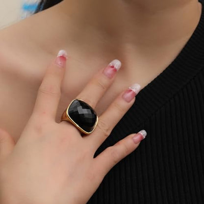 Chunky Square Crystal Glass Stainless Steel Statement Ring for Women Men Gold-Tone Plated Exaggerated Large Geometric Green Cubic Zirconia Finger Band Knuckle Rings Cocktail Prom Fashion Jewelry - color: Black