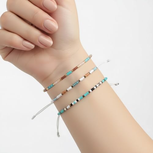Seed Beaded String Rope Adjustable Bracelets Set for Women Men, Small Colorful Boho Rice 3Pcs Stack Handmade Thin Jewelry, Daily Beach Vacation Friendship Gift - color: Brown Green A