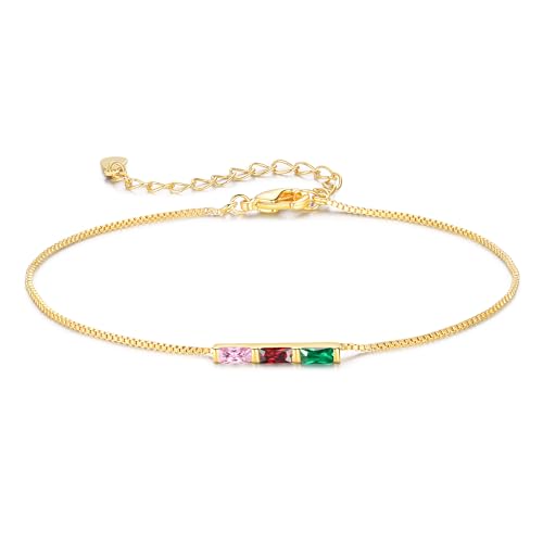 Sterling Silver Personalized 1-6 Birthstone Bracelet for Women Mothers Day Bracelet for Mom Daughter Custom Dainty Jewelry for Christmas Birthday Gift Ideas - style: Gold-3 stones