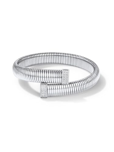 KeyStyle Bangle Bracelets For Women, Stainless Steel Stretch Bracelet Wide | 14K Gold/Rose Gold/Black/Silver Plated Flexible Wide Twisted Link Chain Wristband Jewelry, 10Mm, 16Mm, 20Mm - color: 10mm - CZ - Steel