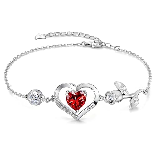 1CT Rose Heart Birthstone Bracelet for Women Love Gift - style: 01/07-Jan/July Ruby Silver
