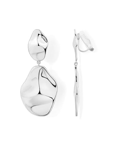 FAN&LOUIS Gold Silver Clip On Dangle Earrings Women,14K Gold Teardrop Statement Dangle Earrings Clips Lightweight Hammered Drop Dangle Clip-on Earrings for Women - style: Silver