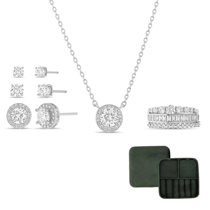 Devin Rose 7 Pcs Round Cubic Zirconia Necklace Stack Ring Stud Earring Set for Women in Green Travel Case Organizer Gift Jewelry Box with Lid
