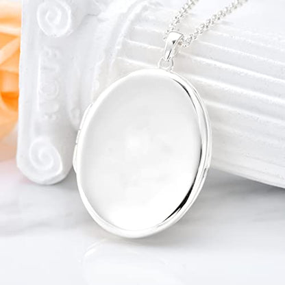 SOULMEET 10K 14K 18K Solid White Gold/Silver Minimalist Style/Infinity Sunflower Heart/Oval Locket Necklace That Holds 1 or 2 Pictures Personalized Photo Locket Necklace Letters Engraving - style: E2-White gold oval locket only
