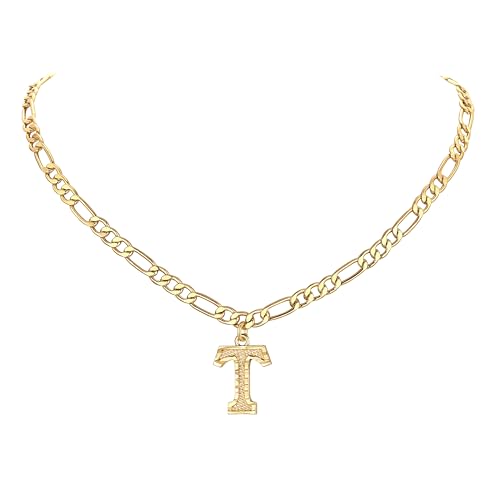 14K Gold Plated Initial Necklaces for Women Men A-Z Letter Necklaces | Figaro Chain, 16"+2" Adjustable Length, with Gift Box - style: T