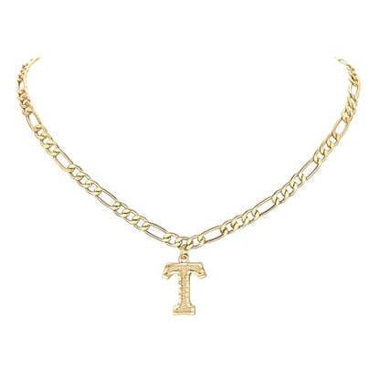 14K Gold Plated Initial Necklaces for Women Men A-Z Letter Necklaces | Figaro Chain, 16"+2" Adjustable Length, with Gift Box - style: T