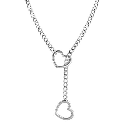Heart O-ring Slip Chain Necklace For Women Handmade Punk Heart Slip Chain Choker Necklace Stainless Steel Cuban Chain Necklace Punk Rock Collar Necklace Adjustable Lariat Y Necklace ﻿ - color: Silver