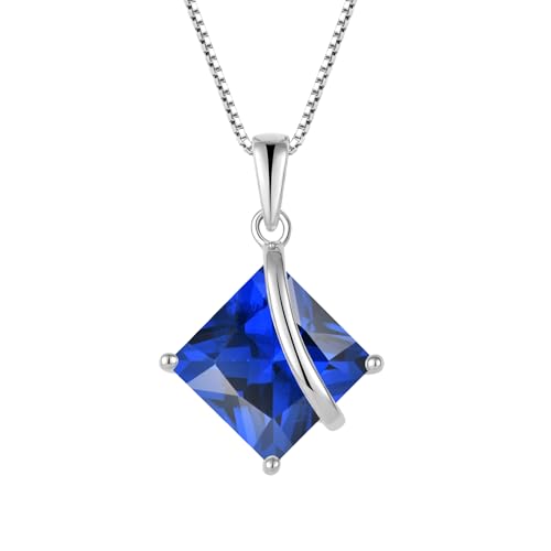 Square Princess Cut Necklace 925 Sterling Silver Solitaire Pendant Necklace Birthstone Jewelry Gifts for Women - color: 09 September - Sapphire