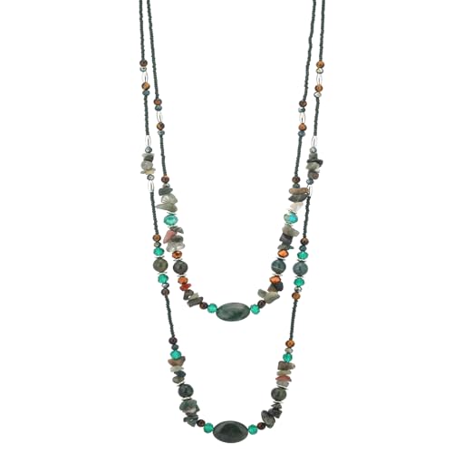 Noessla Boho Long Beaded Necklaces for Women Double Layer Chunky Irregular Stone Beads Strand Statement Jewelry Mothers Day Gifts - color: Dark Green