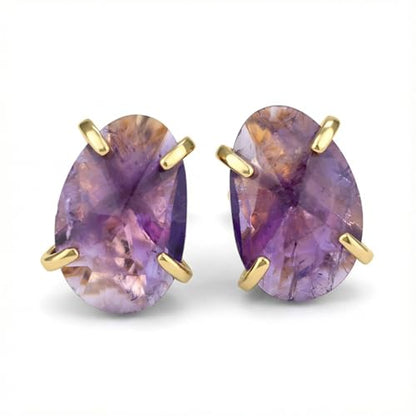 Amethyst Earrings, Natural Gemstone Oval Faceted Purple Stud Earrings, Gold Plated Birthstone Crystal Earrings for Women