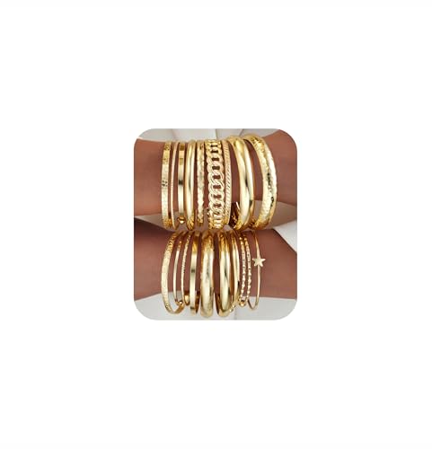 ÌF ME Gold Bangle Bracelets for Women, 19Pcs Multi Stackable Textured Bangles Set, 14K Gold Plated Chunky Bracelet Boho Jewelry Gifts - color: A-Gold-textured
