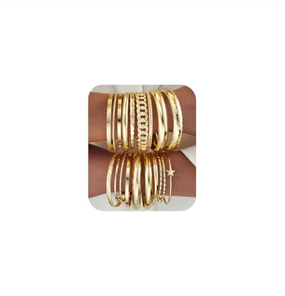 ÌF ME Gold Bangle Bracelets for Women, 19Pcs Multi Stackable Textured Bangles Set, 14K Gold Plated Chunky Bracelet Boho Jewelry Gifts - color: A-Gold-textured