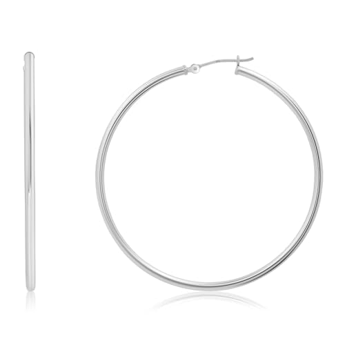 10k or 14k Gold Hoop Earrings for Women | Hypoallergenic Small to Large 12MM to 50MM Hoop Earrings with Secure Click Tops | Yellow or White Gold Classic Hoops in 2MM Thick Tube by MAX + STONE - color: 10K White Gold, size: 50mm | 2 Inches Diameter