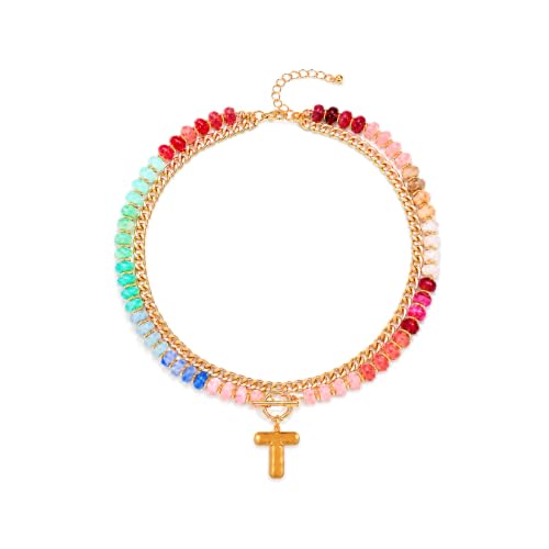 Colorful Beaded Bubble Letter Necklace For Women, Boho Double Layer Dopamine Rainbow Resin Beads Thick Cuban Chain Chunky With Initials Pendant Necklaces Summer Beach Jewelry Gift ﻿ - color: Dop T