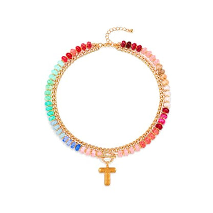 Colorful Beaded Bubble Letter Necklace For Women, Boho Double Layer Dopamine Rainbow Resin Beads Thick Cuban Chain Chunky With Initials Pendant Necklaces Summer Beach Jewelry Gift ﻿ - color: Dop T
