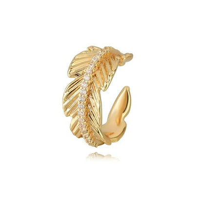 Gold Ear Cuff Earring for Women 14K Gold Plated Cubic Zirconia Non-Pierced Clip on Cartilage Chunky Ear Cuffs Hypoallergenic Jewelry - style: leaf