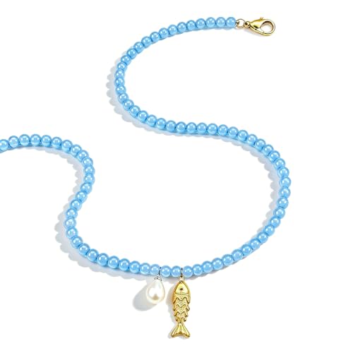 Fish Shell Necklace for Women, Beaded Necklaces Boho Statement Necklace, Pearl Necklaces Summer Beach Vacation Dress & Costume Jewelry - color: Ocean Blue-fish