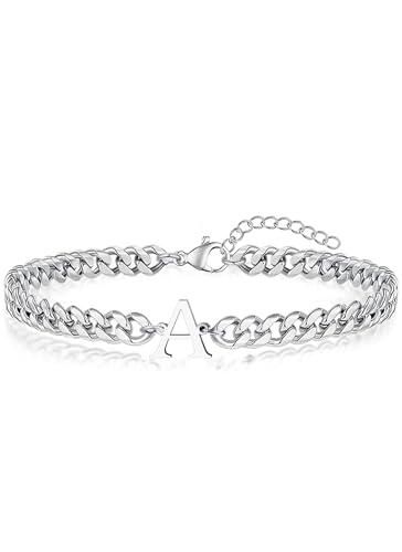 Initial Bracelet Matching Couple Bracelets Silver Letter A-Z Stainless Steel Cuban Link Chain Mens Bracelets Christmas Birthday Gifts for Men Women Him Teens Best Friends Husband Dad Son - color: A
