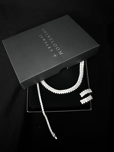 Bride Jewelry Set Silver Crystal Wedding Necklace Earrings Bracelet Set - Bridal Rhinestone Brass Pendant Accessories for Women and Bridesmaids - style: Jewelry Set 03