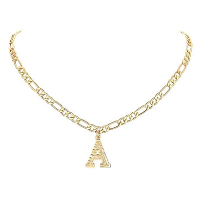 14K Gold Plated Initial Necklaces for Women Men A-Z Letter Necklaces | Figaro Chain, 16"+2" Adjustable Length, with Gift Box - style: Initial A