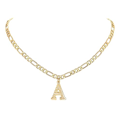 14K Gold Plated Initial Necklaces for Women Men A-Z Letter Necklaces | Figaro Chain, 16"+2" Adjustable Length, with Gift Box - style: Initial A