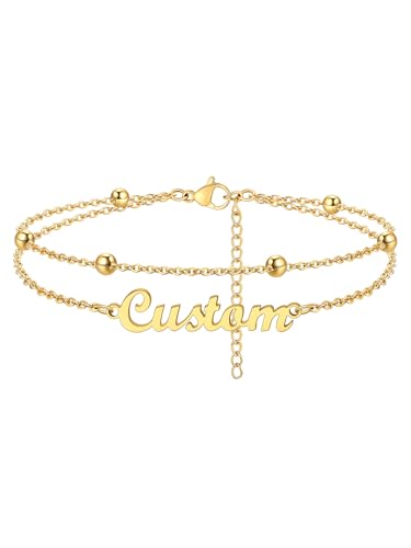 Custom4U Custom Name Anklet Bracelets for Women Waterproof Beaded/Figaro/Cuban/Rope/Wheat Chain Anklet Stackable Gold Plated Non Tarnish Custom Beach Gift Barefoot Summer Jewelry for Her - color: A01-Gold Beaded Chain