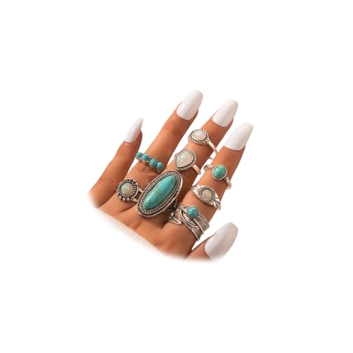 8Pcs Boho Vintage Turquoise Rings Set for Women, Unique Retro Oval Dome White Crystal Stone Knuckle Finger Ring Western Cowgirl Party Jewelry Gifts - color: Green