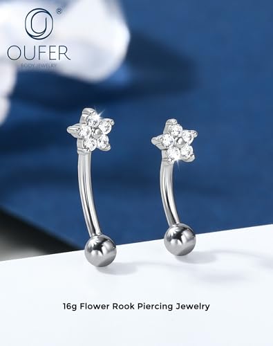 OUFER 16g Flower Rook Earrings Silver Rook Piercing Jewelry Hypoallergenic Surgical Steel Eyebrow Earrings Curved Barbell Small Belly Button Rings for Women