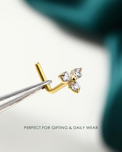COCHARM Minimalist Titanium Nose Stud, 20g L Shape Flower Nose Ring Stud Cute G23 Titanium Surgical Steel Silver Nostril Piercing with Clear CZ Hypoallergenic - style: TripleCZ-Gold