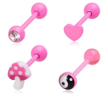 4Pcs Stainless Steel Tongue Rings for Women Cute Pink Heart Mushroom Tai Chi Round CZ Tongue Barbell Studs Cartilage Earrings Dainty Body Piercing Jewelry