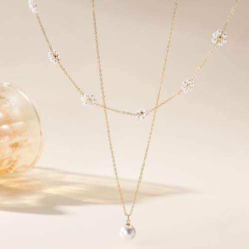 Ritach Pearl Necklaces for Women - Real Gold Plated Dainty Pearl Necklace Daisy Round Drop Pearl Choker Necklace Layered Gold Necklace for Women Teen Girls Bridesmaid Wedding Birthday Gifts - style: Gold-Layered Daisy Pearl