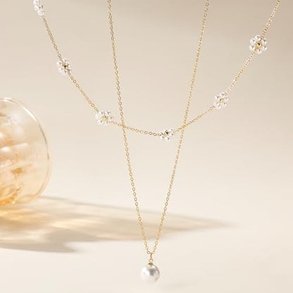 Ritach Pearl Necklaces for Women - Real Gold Plated Dainty Pearl Necklace Daisy Round Drop Pearl Choker Necklace Layered Gold Necklace for Women Teen Girls Bridesmaid Wedding Birthday Gifts - style: Gold-Layered Daisy Pearl