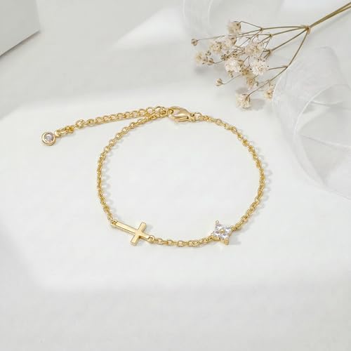 Bracelets for Women, Dainty Gold Silver Ring Bracelet Hand Chain | Cubic Zirconia Pearl Charms, 14K Gold Plated, Adjustable Fit, Trendy Stackable Link Chain, Waterproof Jewelry, Gift for Her - color: Gold-cross+clover charm bracelet