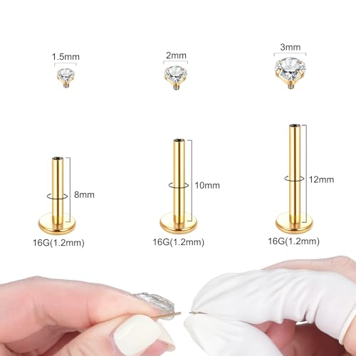 Xpircn Flat Back Stud Earrings 14K Gold Plated Internally Threaded CZ Stud Piercing Jewelry for Tragus Helix Cartilage Conch Nose Hypoallergenic Lip Labret Medusa Piercing 16G 18G - color: 16 Gauge, Gold, size: Mixed (8/10/12mm) Bar