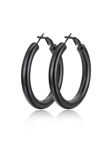 FindChic Hoop Earrings for Women, Silver/Black/14K Gold Plated Hypoallergenic Hollow Round Tube Loop Earrings, 20mm/30mm/40mm/60mm/80mm Chunky Hoops with Custom Name Options & Gift Box - color: a.Black, size: 40MM