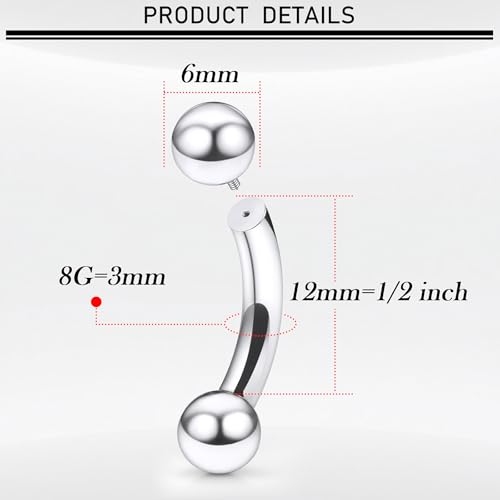 18G-00G Eyebrow Rings Internally Threaded Snake Eyes Piercing Jewelry Tongue Surgical Steel Curved Barbell Vertical Lip Labret Rook Daith Earrings Piercing Jewelry for Women Men 6mm-19mm - color: silver, size: 8G(3mm)-12mm barbells-6mm Balls