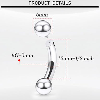 18G-00G Eyebrow Rings Internally Threaded Snake Eyes Piercing Jewelry Tongue Surgical Steel Curved Barbell Vertical Lip Labret Rook Daith Earrings Piercing Jewelry for Women Men 6mm-19mm - color: silver, size: 8G(3mm)-12mm barbells-6mm Balls